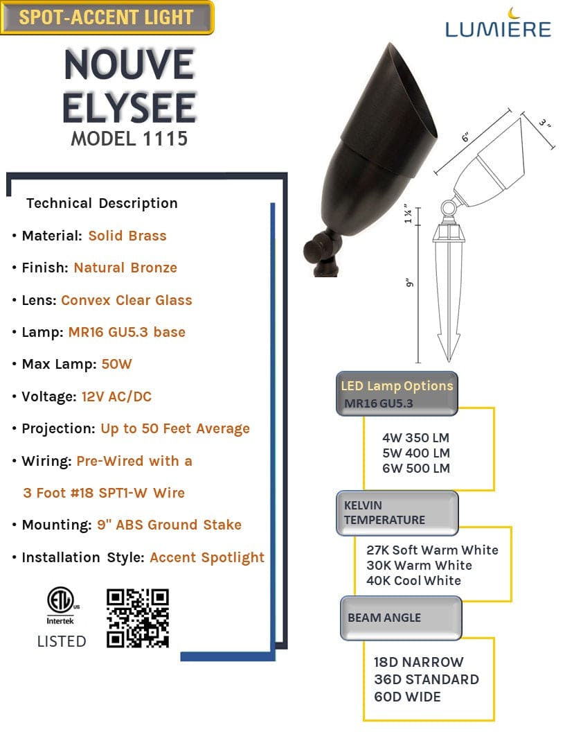 Nouve Elysee Solid Brass Spot Light Natural Bronze Low Voltage Outdoor Landscape Lighting