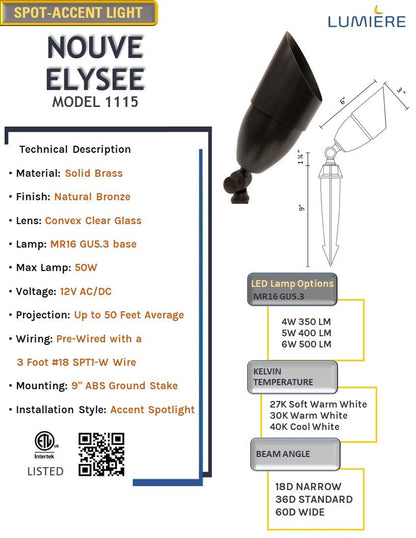 Nouve Elysee Solid Brass Spot Light Natural Bronze Low Voltage Outdoor Landscape Lighting